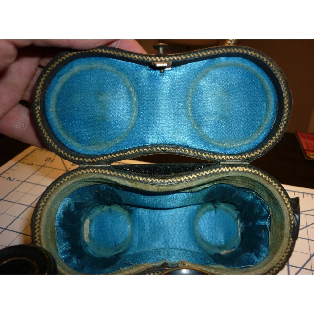 Antique Brass Leather Opera Glasses Victorian Theater Binoculars Blue Satin Case